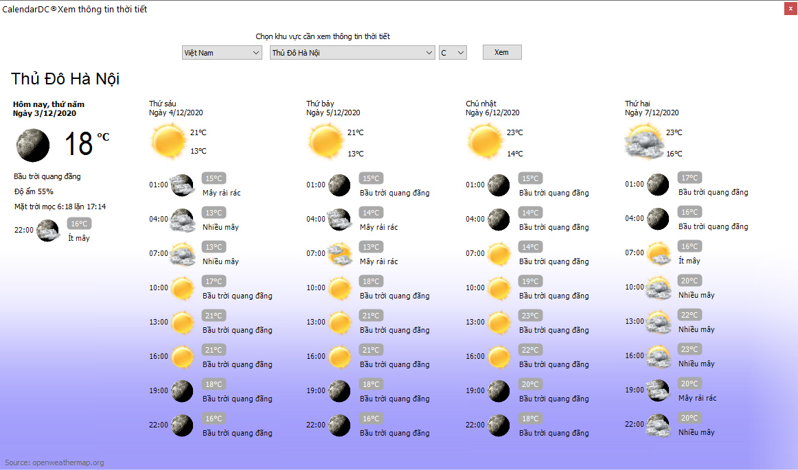 xem thời tiết trên màn hình máy tính trong nhiều ngày ở nhiều khu vực của Việt Nam trên phần mềm CalendarDC
