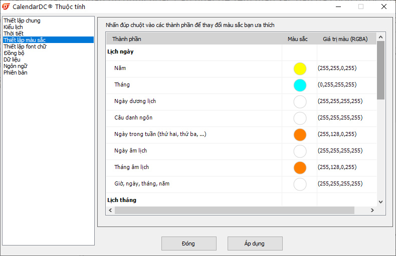 thiết lập thuộc tính thay đổi màu sắc của các thành phần trên lịch CalendarDC