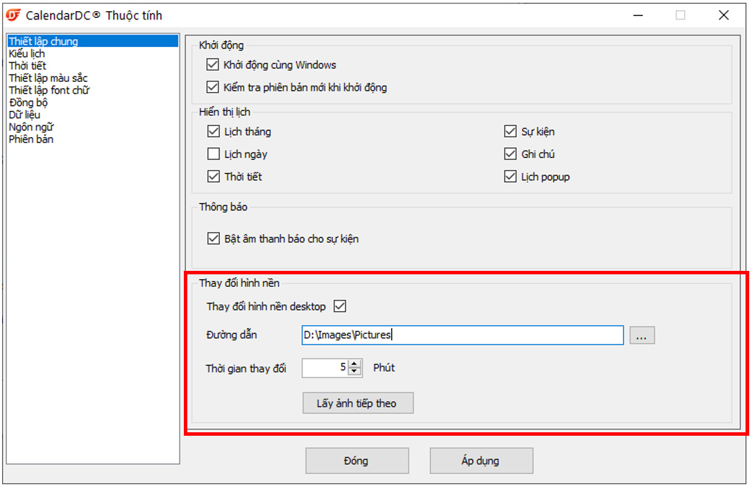 thiết lập thay đổi hình nền máy tính theo thời gian trên phần mềm CalendarDC