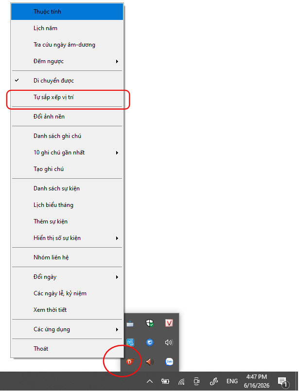 Sắp xếp lại tự động các thành phần lịch, sự kiện, thời tiết trong app lịch CalendarDC